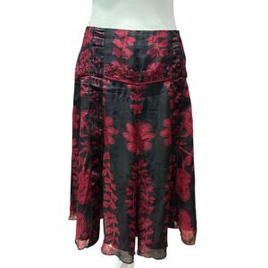ECI New York Skirt Silk Black Red Floral Sheer Overlay Romantic Whimsigoth 12